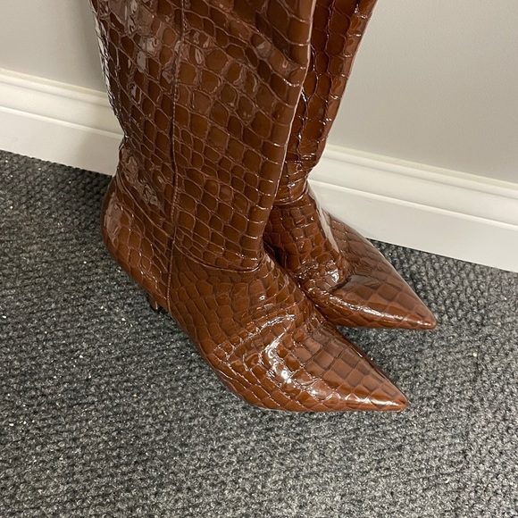 Schutz brown leather heeled boots over the knee croc beautiful pointed toe sz 9 - Picture 2 of 7